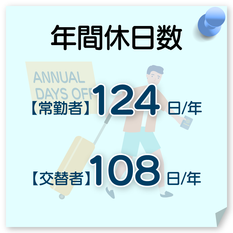 年間休日数：【常勤者】124日/年／【交替者】108日/年（2026年1月1日現在）